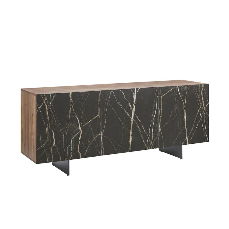 Casabianca Home Totem Buffet In Walnut - Black Marbled Porcelain With Storage