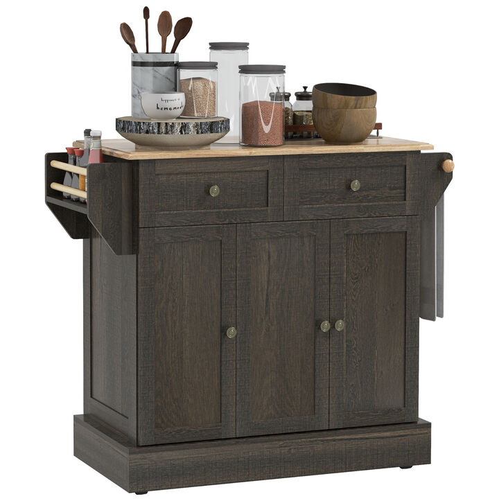 Kitchen Island with Rubber Wood Top Rolling Kitchen Serving Cart Brown