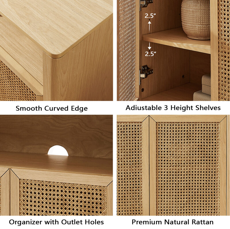 TATEUS 63" Mid Century Rattan Media Console, Retro Coffee Wine Bar Buffet Cabinet Large Credenza Storage image number 4