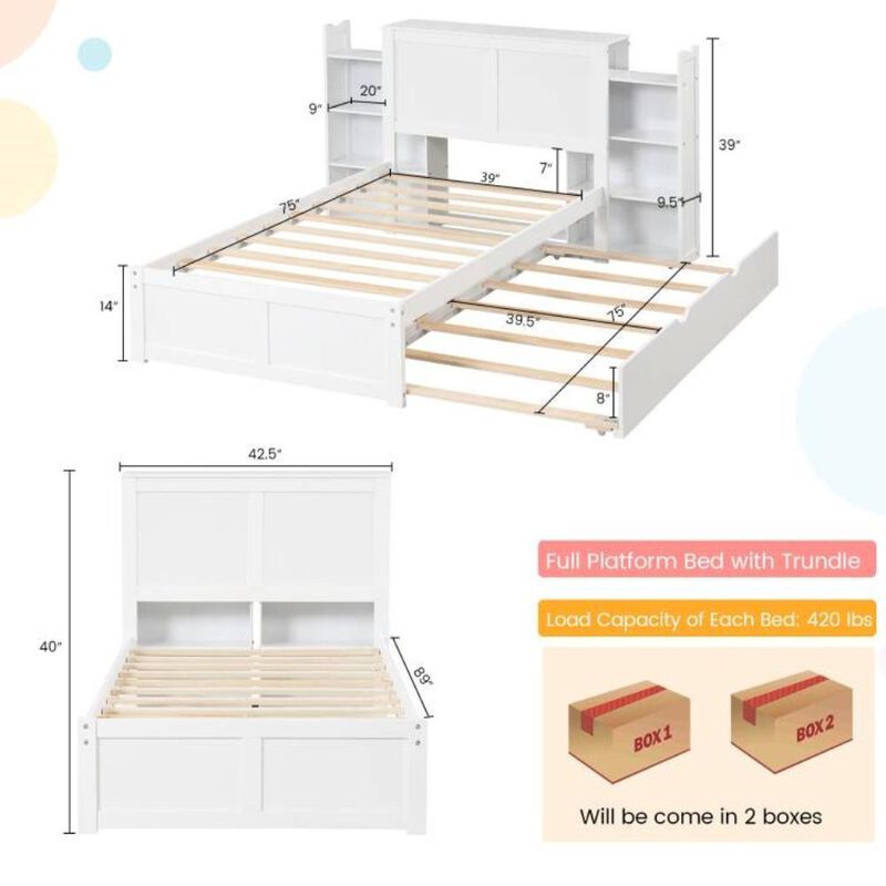 Hivvago Twin/Full Wood Platform Bed w/ Trundle and Storage Bookcase Headboard in White image number 2
