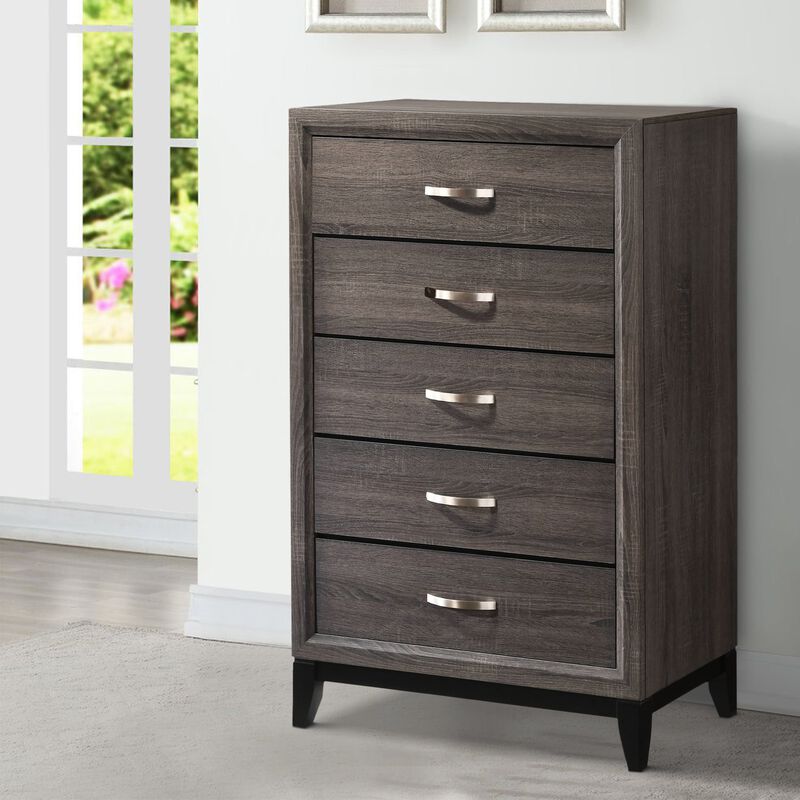 Chest with 5 Storage Drawers and Grain Details, Gray - Benzara