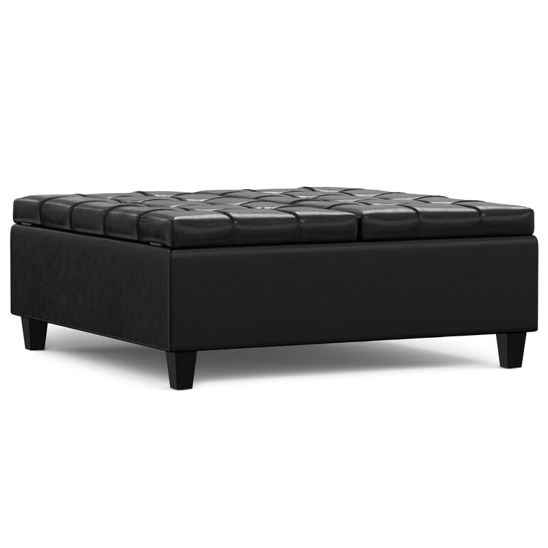 Harrison 40 inch Wide Transitional Square Large Coffee Table Storage Ottoman in Midnight Black Vegan Faux Leather, Assembled