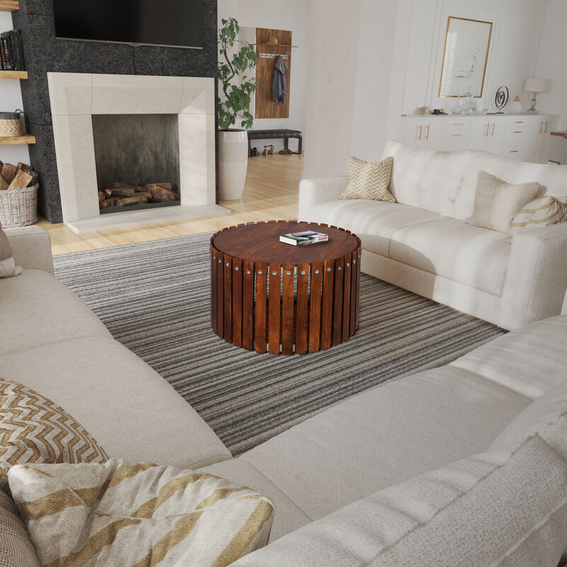 Myla 31 Inch Handcrafted Round Coffee Table with Vertical Planks, Iron Rivets, Dark Walnut Brown Acacia Wood