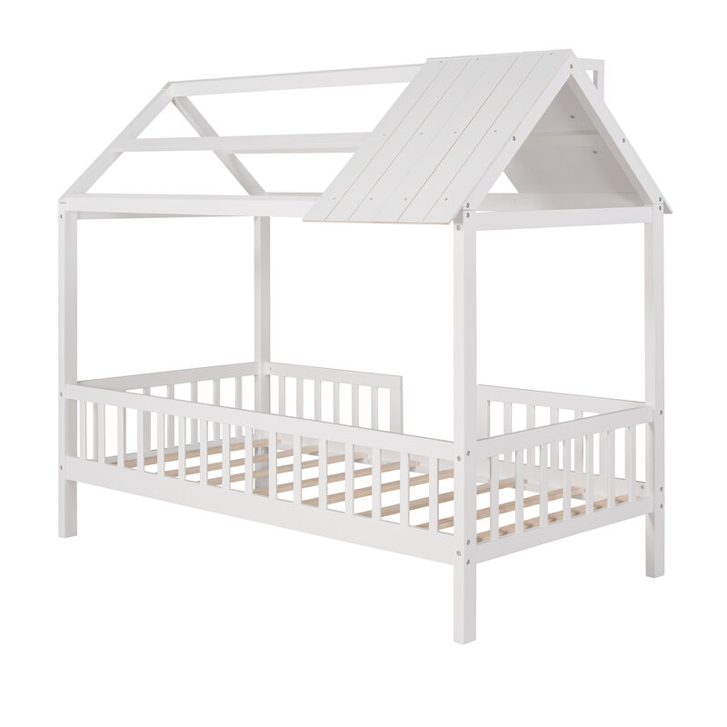 Whisen Twin Size Wood House Bed with Fence and Roof for Kids