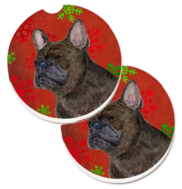 Caroline's Treasures French Bulldog Red & green Snowflakes Holiday Christmas Set of 2 Cup Holder Car Coasters SS4726CARC, 2.56, Multicolor