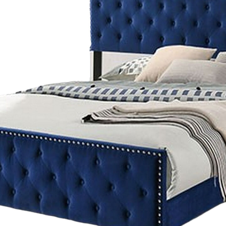 Agapi California King Bed, Button Tufted, Nailhead Trim, Navy Upholstery - Benzara
