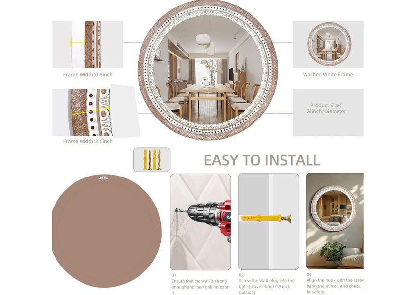 24" Rustic Round Mirror &ndash; Beaded Wood Frame for Wall Decor