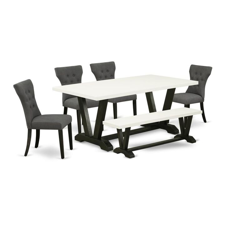 East West Furniture 6-Pc -Dark Gotham Grey Linen Fabric Seat and Button Tufted Chair Back Kitchen chairs, A Rectangular Bench and Rectangular Top Modern Dining Table with Wooden Legs - Linen White and