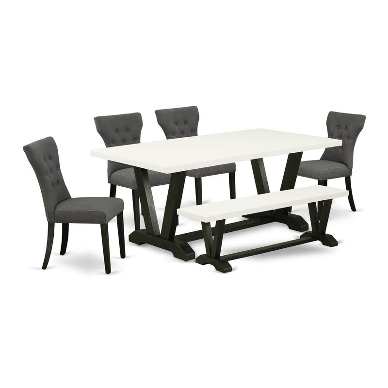 East West Furniture 6-Pc -Dark Gotham Grey Linen Fabric Seat and Button Tufted Chair Back Kitchen chairs, A Rectangular Bench and Rectangular Top Modern Dining Table with Wooden Legs - Linen White and