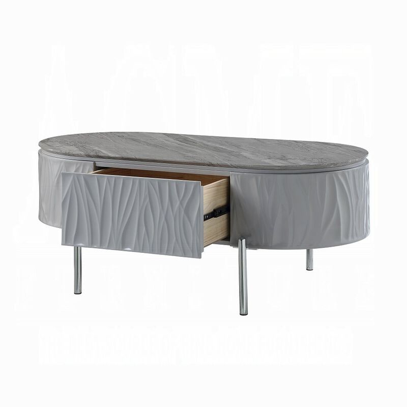 Plethoria Home Grey High Gloss and Chrome 1-Drawer Coffee Table