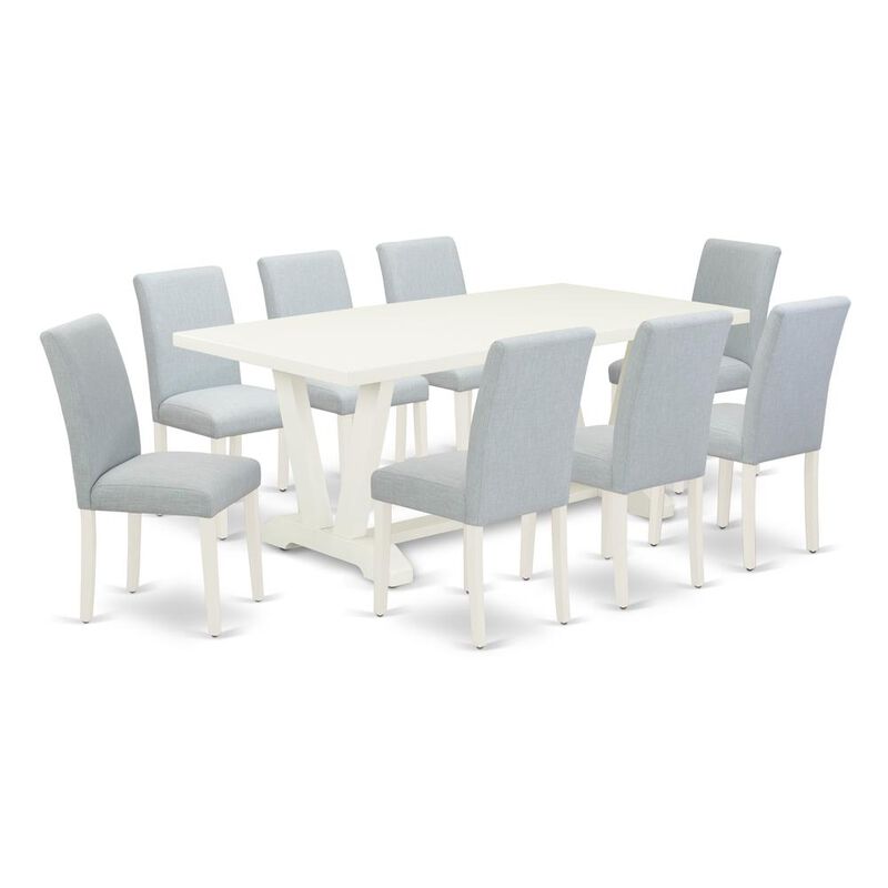 East West Furniture 9-Piece Dining Room Table Set Includes 8 Dining Chairs with Upholstered Seat and High Back and a Rectangular Dining Room Table - Linen White Finish