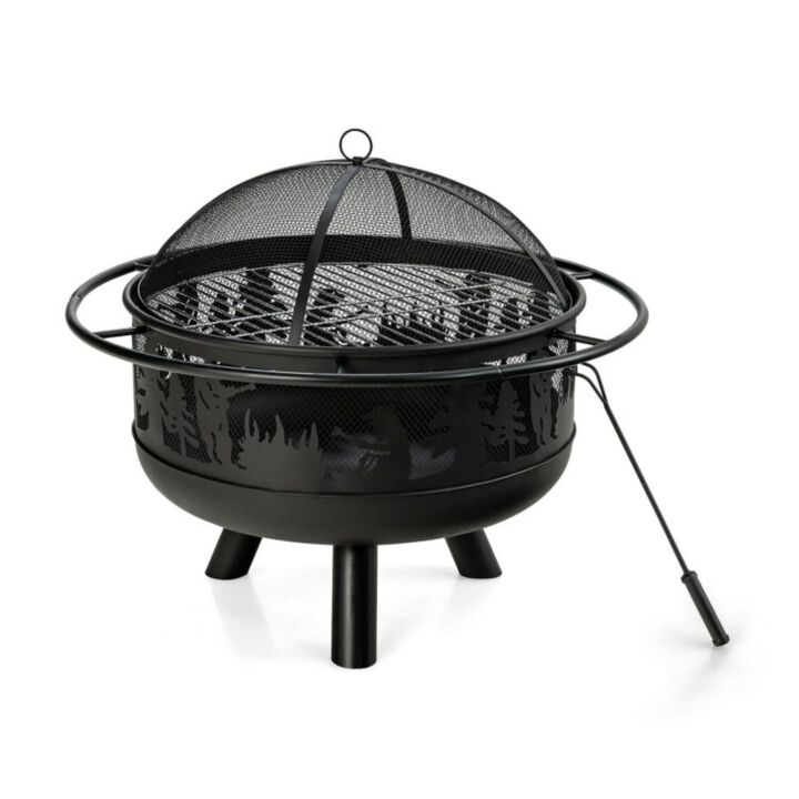Hivvago 30 Inch Outdoor Wood Burning Fire Pit with Fire Poker and Cooking Grill-Black