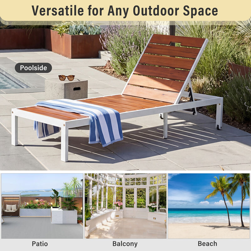 Merax Outdoor Chaise Lounge | 6-Position Adjustable Backrest, Steel Frame with Acacia Wood Slat Seat image number 5