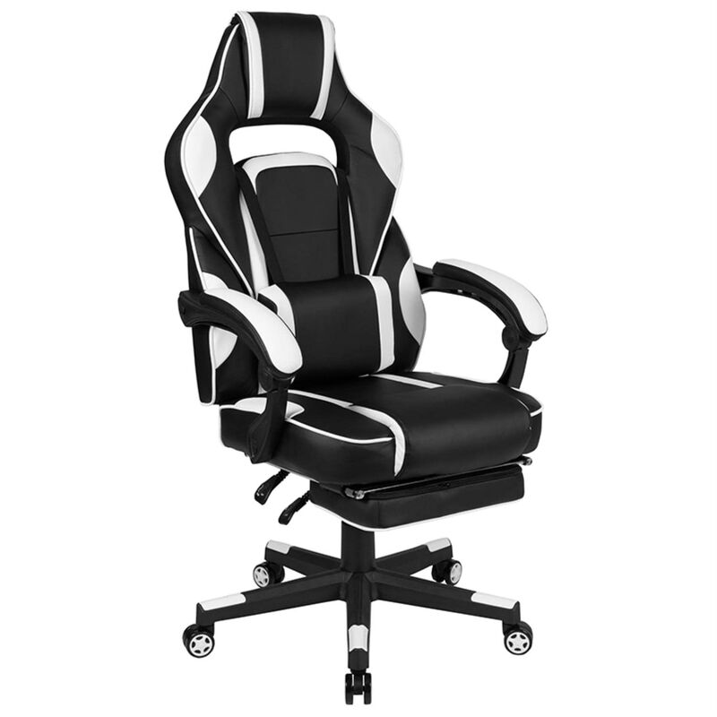 Flash Furniture Optis Black Gaming Desk with Cup Holder/Headphone Hook/Monitor Stand & White Reclining Back/Arms Gaming Chair with Footrest