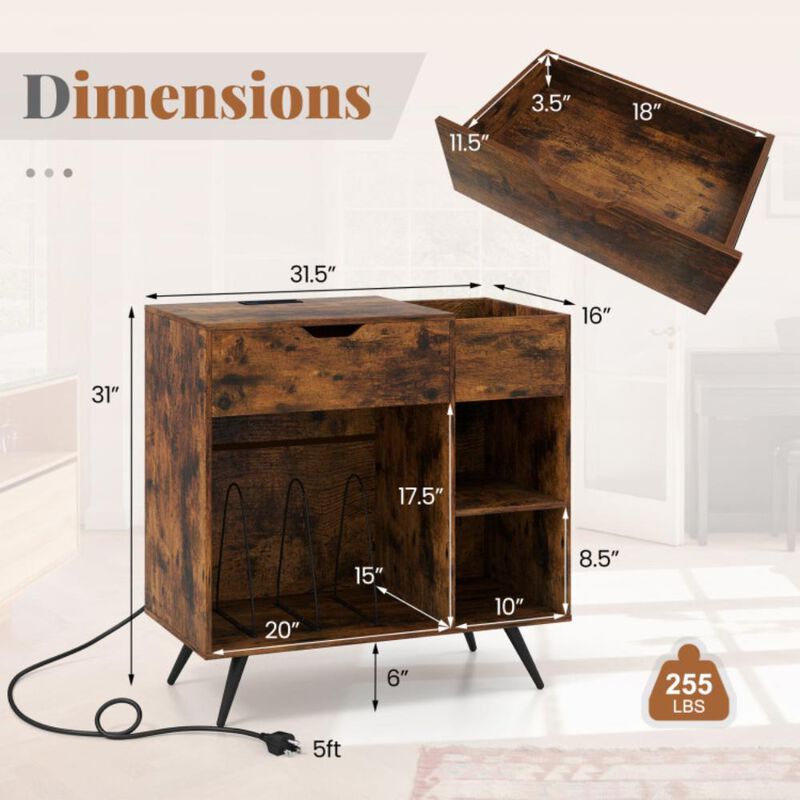 Hivvago Record Player Stand with Power Outlet-Rustic Brown