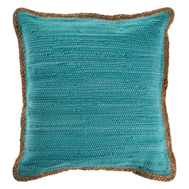 20" Turquoise Blue and Tan Handmade Bordered Square Throw Pillow