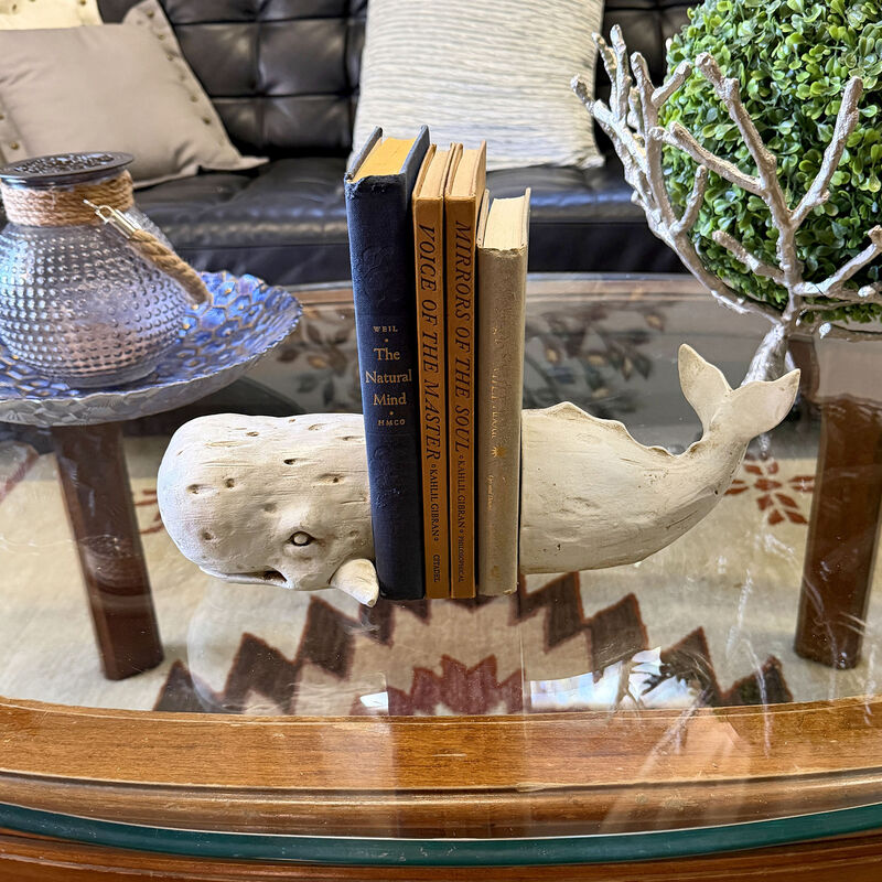 Sperm Whale Head & Tail Resin Bookend Set 10 inch Weathered Off White Coastal image number 8