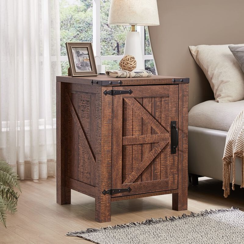 Farmhouse Nightstand with Charging Station, Barn Door, Adjustable Shelf, 18" Side Table image number 1