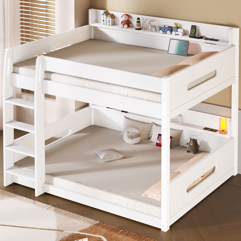 Merax Queen over Queen Wood Bunk Bed with Storage Shelves image number 2