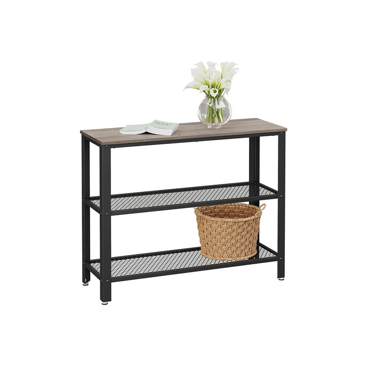 Narrow Hallway Table with Mesh Shelves - Industrial Steel Design, Greige & Black