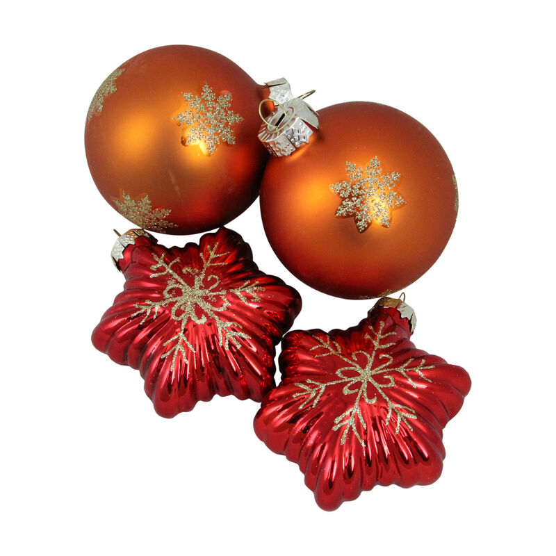 4ct Shiny Red Stars and Amber Orange Balls Glass Christmas Ornaments 4.25"