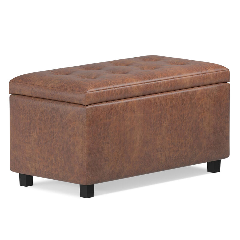 Cosmopolitan 34 inch Wide Transitional Rectangle Storage Ottoman in Distressed Saddle Brown Vegan Faux Leather, Assembled
