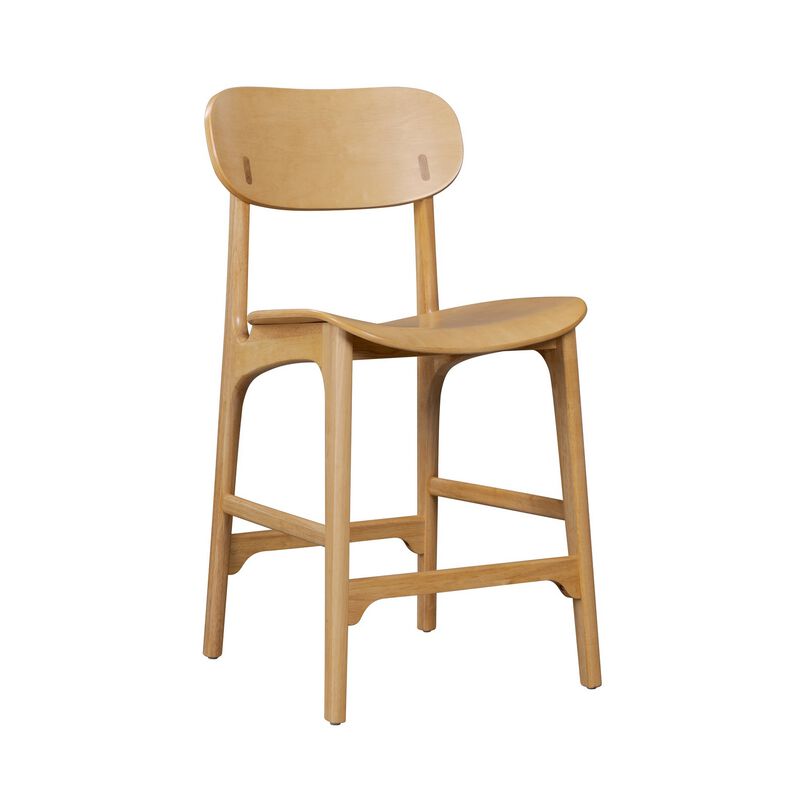 Seln 24 Inch Counter Stool Chair, Curved Seat, Open Back, Light Brown Wood - Benzara