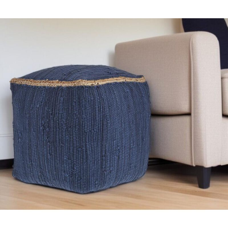 Hivvago 18 Inch Indigo Cotton And Jute Cube Pouf Ottoman