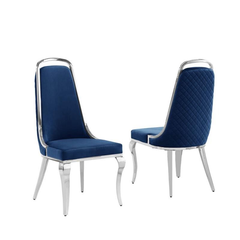 Best Quality Furniture Navy Blue Velvet High Back Chair With Silver Chrome Trim, Set Of 2