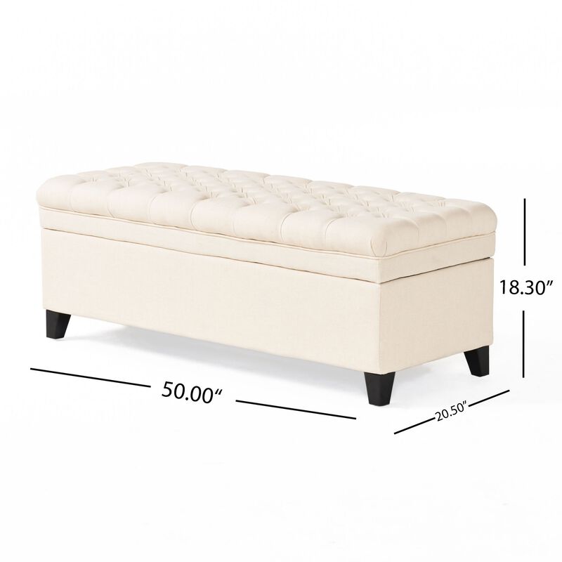 Rhya Storage Bench, 50 Inch Button Tufted Plush Seat, Soft Beige - Benzara