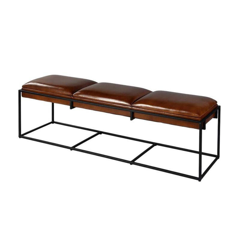 Butler Specialty Kane 62 in. W Leather and Iron Accent Bench, Brown, Black image number 1