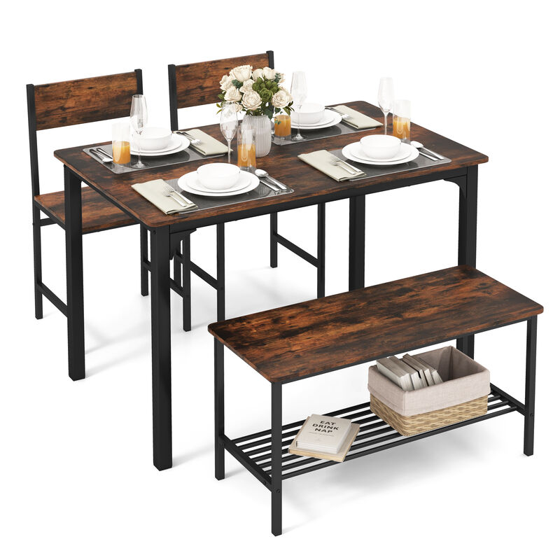 4 Pieces Rustic Dining Table Set with 2 Chairs and Bench