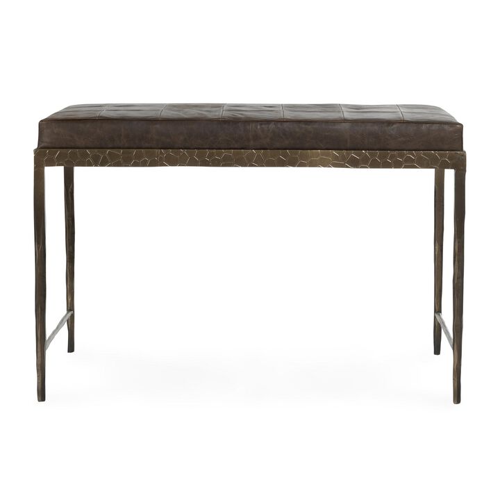 Jora Ottoman Bench, Patchwork Cocoa Brown Leather, Bronze Iron 28 Inch - Benzara