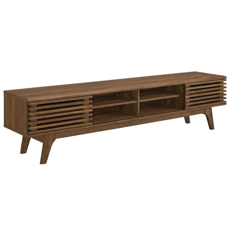 Brown wood entertainment center with spacious TV stand and sleek design image number 0