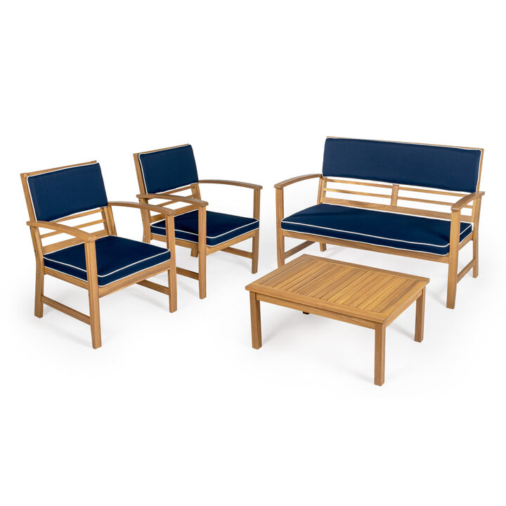 Barclay 4-Piece Modern Coastal Acacia Wood Conversation Outdoor Patio Set with Cushions, Navy/Teak Brown