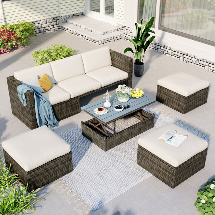 Patio Furniture Sets, 5-Piece Patio Wicker Sofa with Adjustable Backrest, Cushions, Ottomans and Lift Top Coffee Table