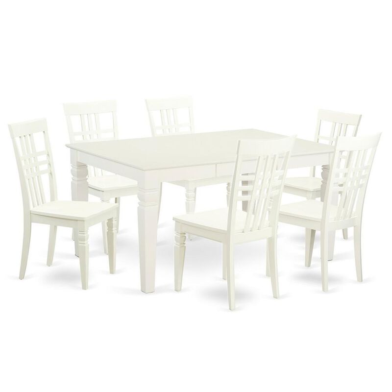 7 Pc rectangular Kitchen Table and 6 Wood Chairs for Dining room in Linen White