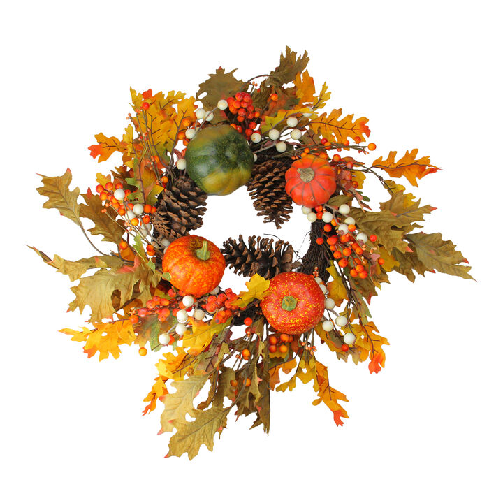 Fallen Leaves with Pine Cones and Pumpkins Artificial Thanksgiving Wreath  Orange 24-Inch