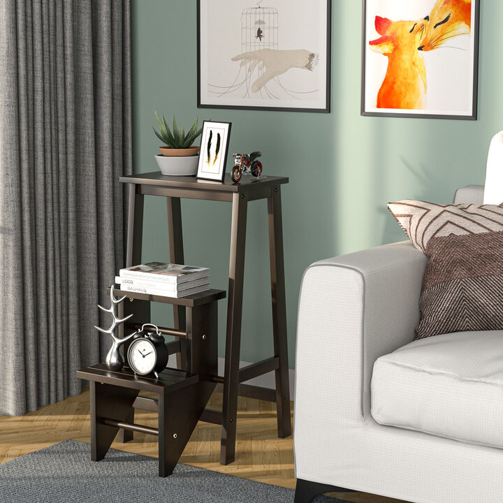 Rubber Wood Folding Ladder Step Stool with 3 Storage Tiers