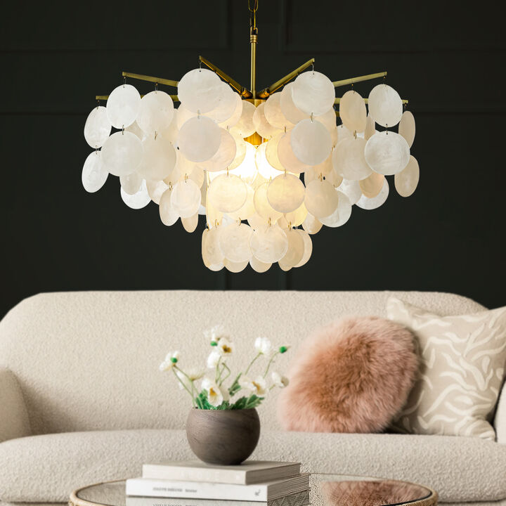 4-Light 22" Glam Coastal Capiz Tierd Chandelier With Seashell Accents