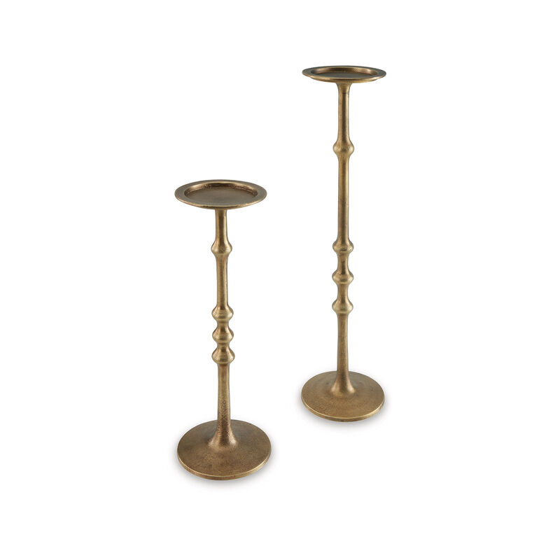 Lara Candle Holder Set of 2, Cast Aluminium, Antiqued Brass Toned Finish - Benzara