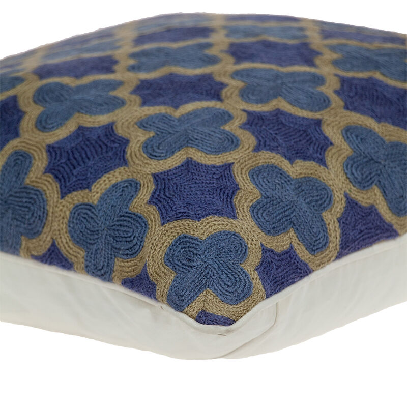 HomeRoots 20" Blue and Brown Quatrefoil Wool Throw Pillow With Embroidery image number 3