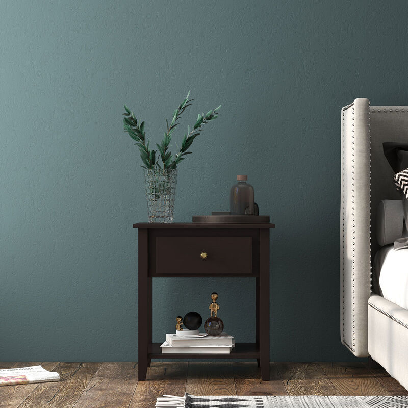 Nightstand with Drawer and Storage Shelf for Bedroom Living Room - Espresso