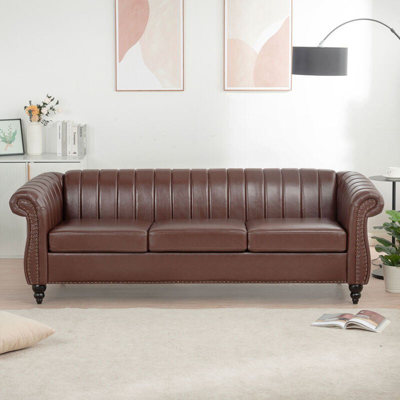 83.46" Brown PU Rolled Arm Chesterfield Three Seater Sofa.