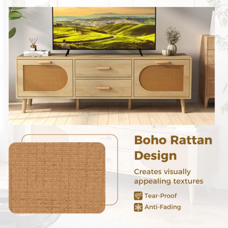 Hivvago Rattan TV Stand for 65-Inch TV with Drawers and Solid Wood Legs-Natural