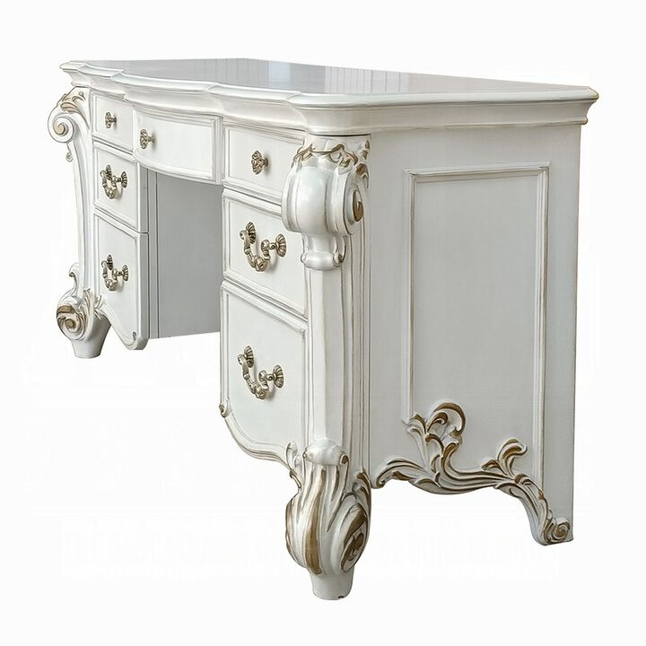 Antoine Vanity Desk, 7 Drawers, Antique Silver Wood, Gold, 65 Inch - Benzara