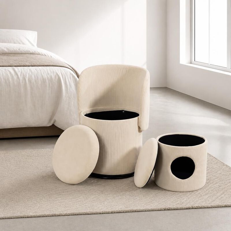 GOODSILO 360-Degree Swivel Upholstered Barrel Chair with Built-in Storage, Multi-Functional Stool for Bedroom Dining, Bonus Cat Bed image number 2