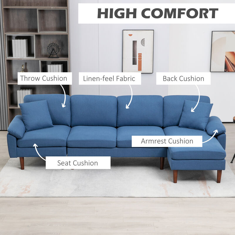 HOMCOM Sectional Sofa with Reversible Chaise Lounge, Modern L Shaped Corner Sofa with Pillows, Wooden Legs, Fabric Sectional Couch for Living Room, Blue