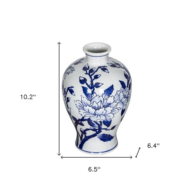 HomeRoots 10" Blue And White Floral Round Porcelain Table Vase image number 6