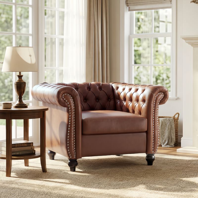 Whisen Classic Club Chair with Diamond Tufting, Scrolled Arms, and Wooden Legs image number 2
